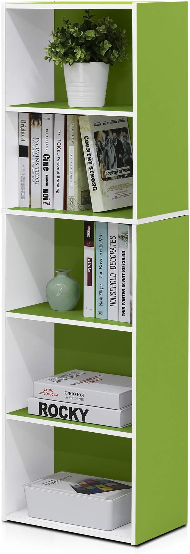 Furinno Luder Bookcase / Book / Storage , 5-Tier, White/Green