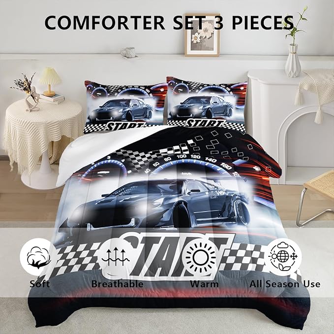 Axolotl Race Car Comforter Set Full Size,Extreme Sports Bedding Set for Boys Teens Kids Girls Room Decor,Cool Speed Luxury Car Quilt Bed Set with 1 Comforter 2 Pillowcases Car Racing Gifts