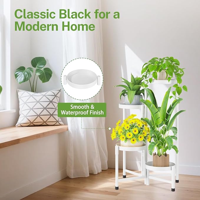 iDavosic.ly Plant Stand Indoor Outdoor, 4 Tier Corner Metal Flower Display Holder Shelf, Folding Tall Orchid Rack for Patio Balcony Porch Garden Living Room House, White