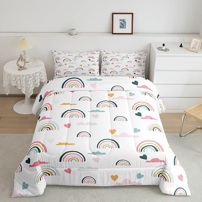 Erosebridal Kids Rainbow Bedding Set, Girly Love Heart Comforter Set Queen Size Cartoon Rainbow Cloud Duvet Sets for Girls Boys Women Bedroom Decor, Soft Microfiber Down Comforter 3 Pieces,Colorful