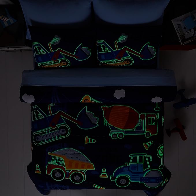 Truck Tractor Excavator Full Size Comforter Sets - Bedding Sets Full 7 Pieces for Boys, Glow in The Dark Bed in A Bag Full Size for Kids, Teens