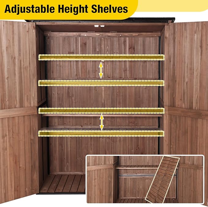 Aivituvin Outdoor Storage Shed with Floor, Garden Tool House with Metal Frame Structure, Large Wooden Cabinet with Adjustable Shelves for Backyard Garden Patio (Dark Brown)