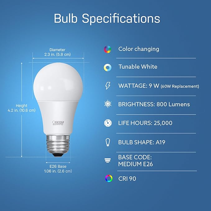 Feit Electric A19 Smart LED Light Bulb, 60W Equivalent, Dimmable, RGBW Color Changing, Alexa & Google Home Compatible, 2.4GHz Wi-Fi Enabled, 800 Lumens, 25,000-Hour Lifetime, OM60/RGBW/CA/AG/6, 6-Pack