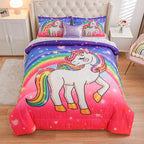 Aimuan Girls Unicorn Comforter Set 6 Pieces Pink Purple Bedding Set with Rainbow Star Galaxy Stars Fantasy Children Room Decor Soft Reversible Bed Sets for Boys/Girls/Teens (Pink-purple Twin6Pcs)