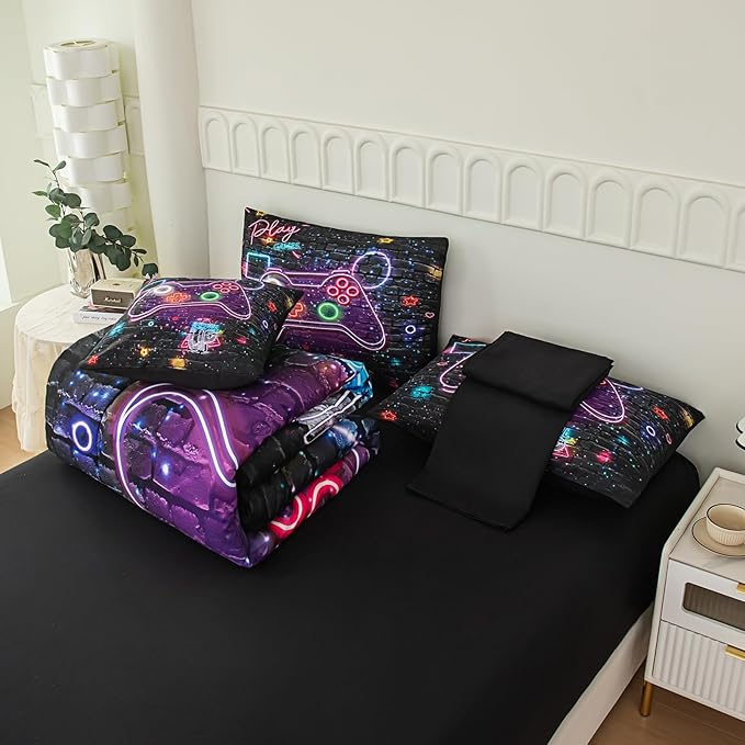 NINENINE Gaming Comforter Gamer Bedding Sets for Boys,6PCS Full Size Bedding Sets for Boys,Bed in A Bag Gamer Comforter Sets(1Comforter,1Flat Sheet,1Fitted Sheet,1Cushion Cover,2Pillowcases)…