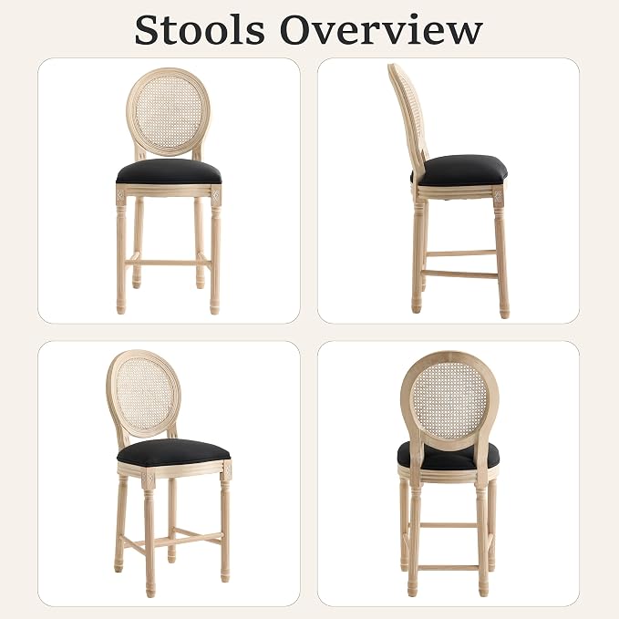 French Country Barstool, Linen Farmhouse Counter Height Chair | Set of 4, with Rattan Round Back and Solid Wood Legs, Oval Chairs for Restaurant, Bar, Kitchen, Café, Black
