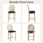 French Country Barstool, Linen Farmhouse Counter Height Chair | Set of 4, with Rattan Round Back and Solid Wood Legs, Oval Chairs for Restaurant, Bar, Kitchen, Café, Black