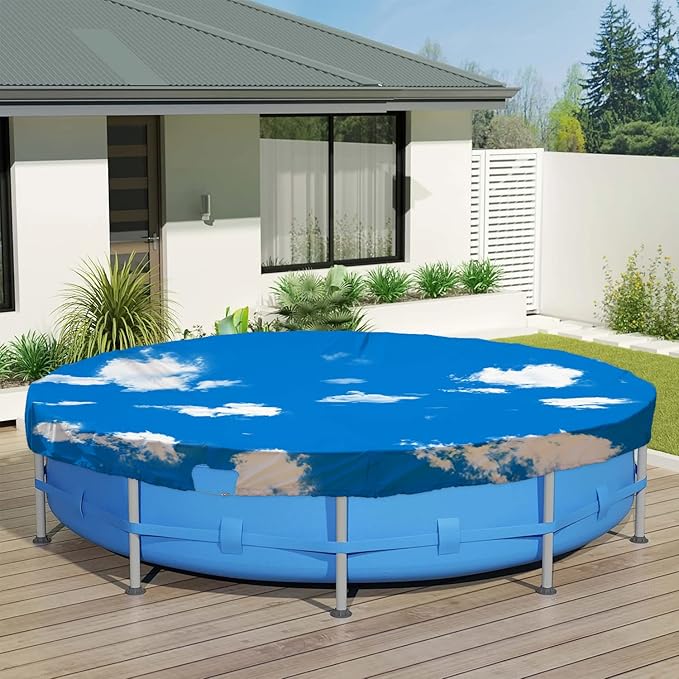 ECOOPTS 12 ft Waterproof Round Polyester Pool Cover for Above Ground Pools, Swimming Pool Cover Protector Winter Safety Cover (Blue Sky)