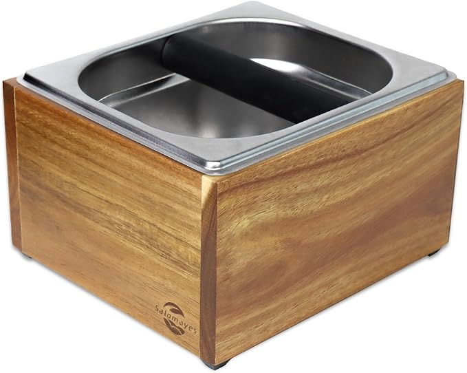 Acacia Wood Espresso Knock Box, Large Capacity with Stainless Steel Interior, Silicone Knock Bar, Anti-Slip Base, Noise-Reducing & Shock-Absorbing Design, Removable for Easy Cleaning