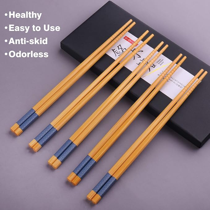 GLAMFIELDS Reusable Chopsticks Japanese Natural Bamboo Classic Style 5 Pairs Lightweight Safe Chop Sticks 8.8 Inch/22.5cm Gift Set