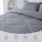 Andency Grey Grid Comforter Set Queen Size (90x90 inch), 3 Pieces (1 Grey Comforter and 2 Pillowcases), Summer Lightweight Microfiber Down Alternative Bedding Comforter Sets with White Lines