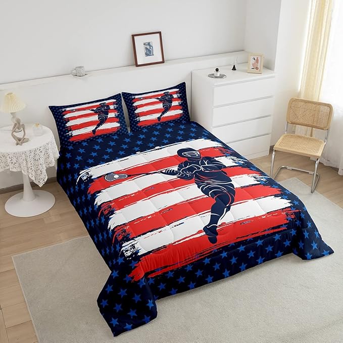 Feelyou Lacrosse Comforter Set Twin Size Boys Gilrs American Flag Sports Theme Bedding Set for Kids Adults Ultra Soft Lacrosse Player Games Comforter Navy Blue Duvet Set Room Decor Quilt Set