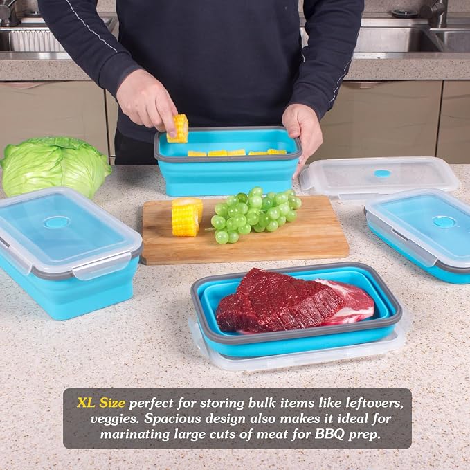 Extra Large Collapsible Food Storage Containers with Lid & Air Vent, 58 oz, 4 Pack, XL Collapsible Marinade Container with Lid Foldable Silicone Containers, Microwave Freezer Dishwasher Safe, Blue