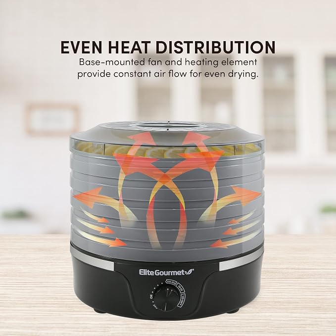 Elite Gourmet EFD319BNG Food Dehydrator, 5 BPA-Free 11.4" Trays, Black/Grey | Adjustable temperature controls - makes jerky, herbs, fruit & veggies into dried snacks - also great for mushrooms