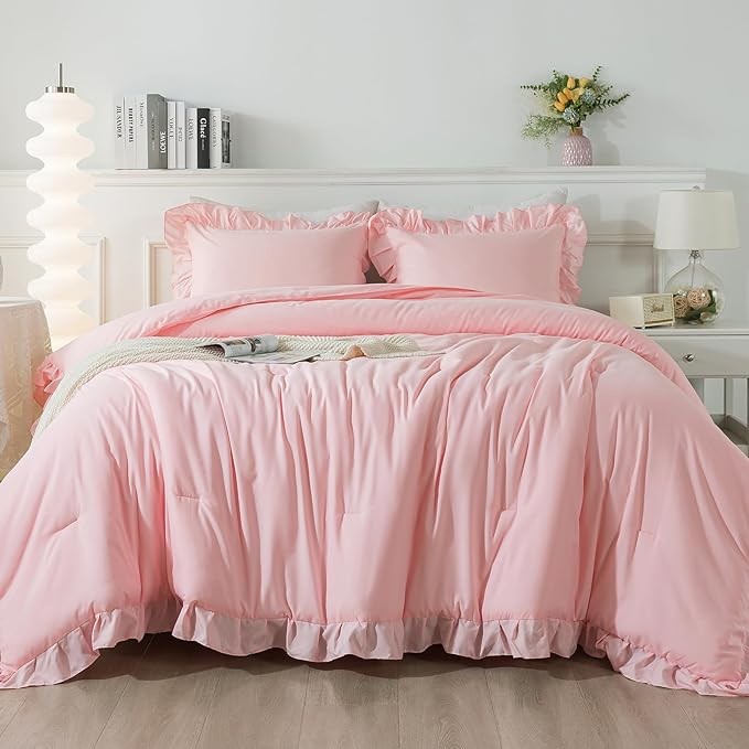Andency Pink Ruffle Comforter Set Twin, 2 Pieces Kids Comforter Set Twin(66x90Inch), Lightweight Soft Girls Shabby Chic Bedding Comforter Set All Season Bed Set