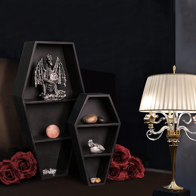 MANNY'S MYSTERIOUS ODDITIES Coffin Bookshelf - Includes Removable Shelves - Small and Large Coffin Shelf 20 Inch and 14 Inch - Gothic Decor for Home