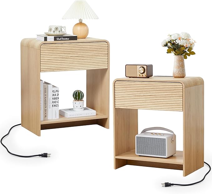 Fluted Nightstand Set of 2 with Charging Station, Modern Bed Side Table End Table with Drawer Storage, Large Wooden Night Stands Bedside for Bedroom Living Room Sofa Office, Natural 2 Sets