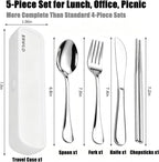 Travel Utensils with Case, Stainless Steel Portable Cutlery Set, Lunch Box Silverware for Work Camping Picnic, Reinforced Case with Snap-Lock Closure, Include Fork Spoon Knife Chopsticks, Silver
