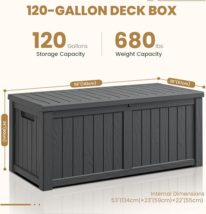 Deck Box, 120 Gallon Outdoor Storage Box Lockable Patio Waterproof for Furniture, Garden Tools, Sports Equipment and Pool Supplies, Waterproof, Resin, Lockable