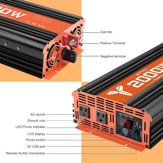 2000 watt Inverter 12v Car Power Inverters for Vehicles Truck with USB Charging Port, 12v to 120v with 2 AC Outlets and Remote 2000w
