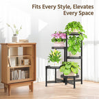 LASZOLA 5 Tiered Folding Tall Plant Stand for Indoor Outdoor Corner, Larger Heavy Duty Metal Adjustable Multiple Rack with 10 Inch Wide Hollow Tray, Flower Planter Holder for Modern House Patio, Black