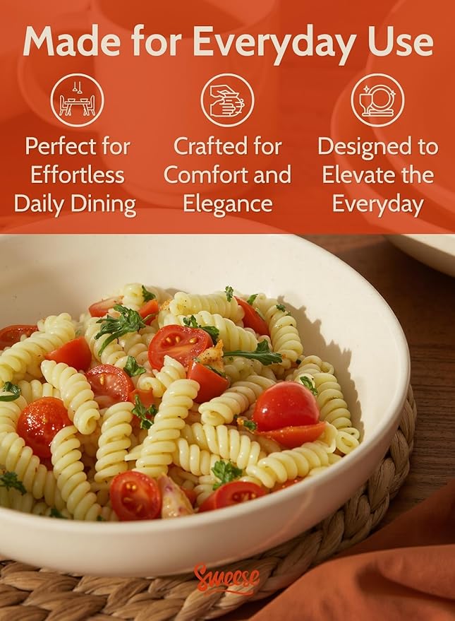 Sweese 30 Oz Salad Serving Bowls Set of 6, 8.4 Inch, Porcelain Pasta Plates - Microwave Dishwasher Safe, Beige