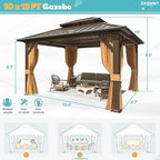EROMMY 10'x12' Gazebo Hardtop, Galvanized Steel Double Roof Metal Gazebo with Aluminum Frame, Permanent Outdoor Pavilion with Curtain and Netting for Patio, Lawn and Garden, Brown