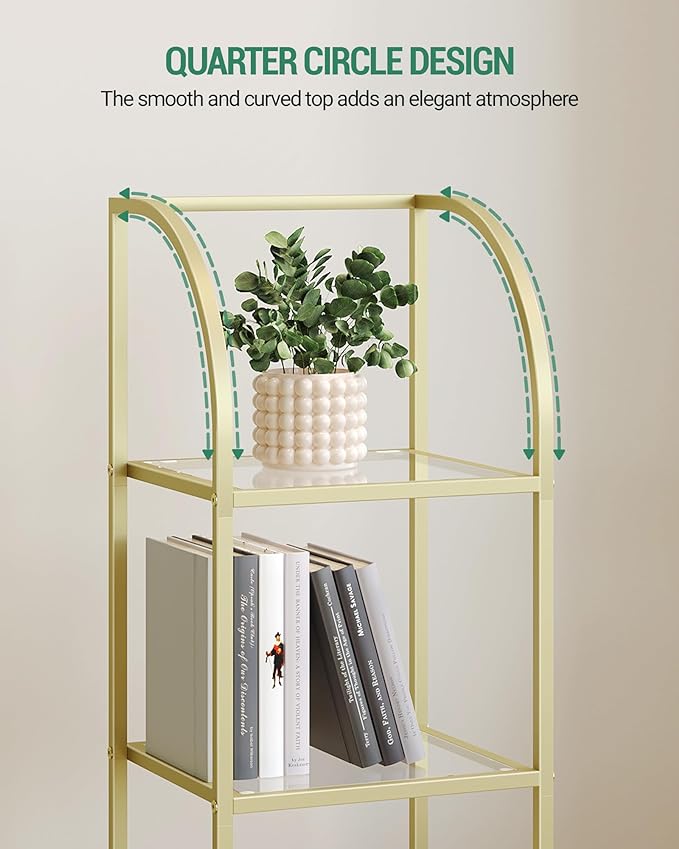 Bookcase Bookshelf, Tempered Glass Arched Bookshelf for More Storage, Slim Shelving Unit for Bedroom, Bathroom, Home Office, Steel Frame, 4 Tier Gold BC20499G