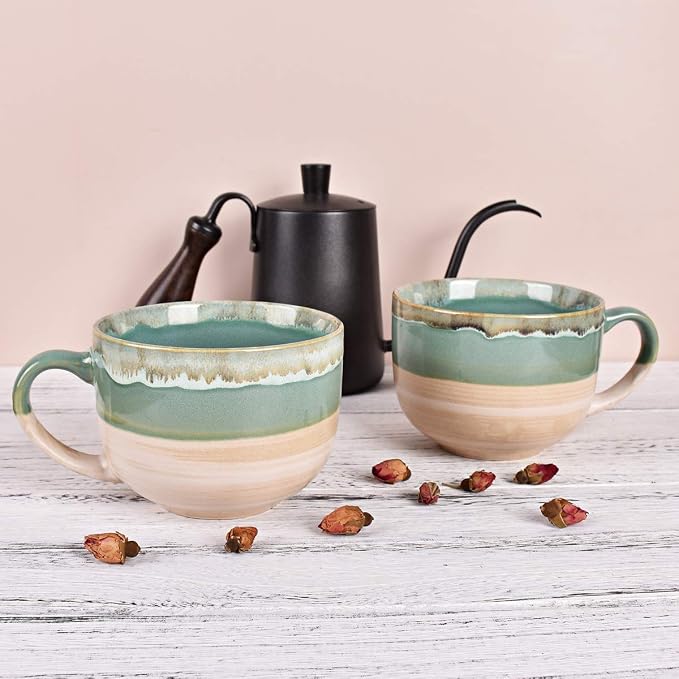 Bosmarlin Large Ceramic Coffee Mug Set of 2, Stoneware Jumbo Latte Mugs for Office and Home, 16 Oz, Dishwasher and Microwave Safe(Green, 2)