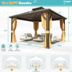 EROMMY 12' x 12' Hardtop Gazebo, Aluminum Frame Gazebos with Galvanized Steel Double Roof, Permanent Outdoor Metal Pavilion with Curtain and Netting for Patio, Lawn, Deck
