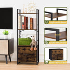 Yoobure Bookshelf, 4 Tier Book Shelf with Drawer, Small Bookcase Narrow Book Case, Industrial Bookshelves Shelf for Bedroom Living Room Office, Book Storage Organizer for CD/Movie Rustic Brown
