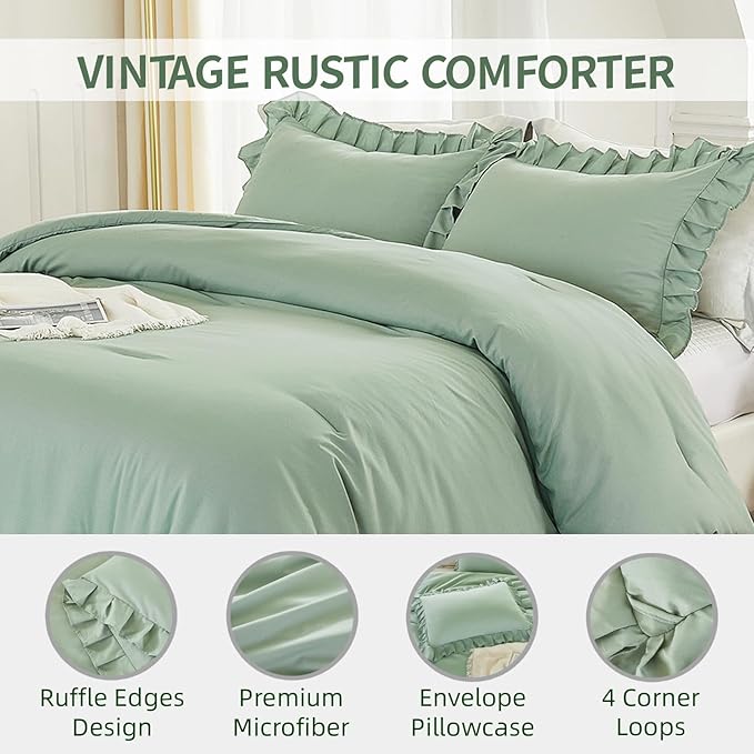 Andency Sage Green Comforter Set King, 3 Pieces Vintage Farmhouse Shabby Chic Ruffle Comforter, Lightweight Soft All Season Microfiber Down Alternative Bedding Comforter Set (104x90Inch, Green)