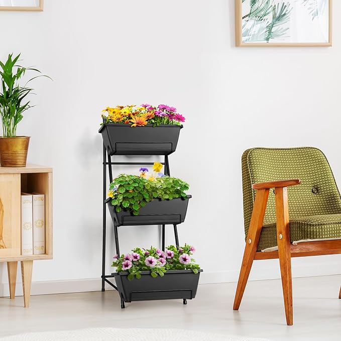 3 Tier Vertical Garden Planter Small Raised Garden Bed Freestanding Plastic Raised Planter Boxes Herb Planter Stand with Removable Tray for Indoor Outdoor Herbs Flowers Vegetables Plants Grey
