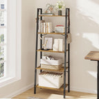 Ladder Shelf, Bookshelf Bookcase, Freestanding Corner Storage Shelve with 2 Hooks for Home Office, Living Room, Kitchen, Bedroom, Industrial, 5-Tier Rustic Brown BC19301B