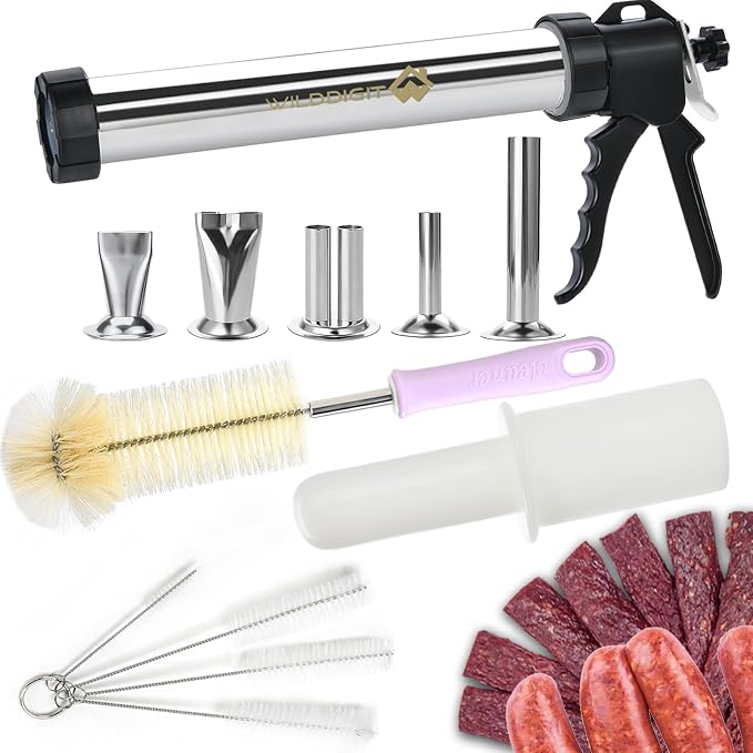 Professional Beef Jerky Gun Kits, Stainless Steel Jerky Maker, Jerky Cannon, Meat Gun with 5 Stainless Nozzles and 5 Brushes