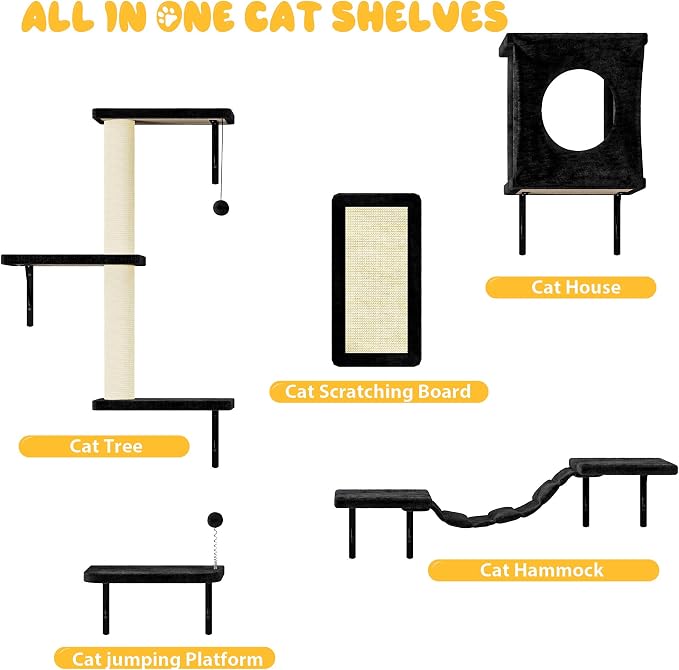 NUNU LAB Cat Wall Shelves, 10-in-1 Wall-Mounted Cat Furniture Set, Large Cat Climber Set with House, Bridge, Steps, Scratcher, DIY Playground, Shelves for Indoor Wall Furniture Set - Black