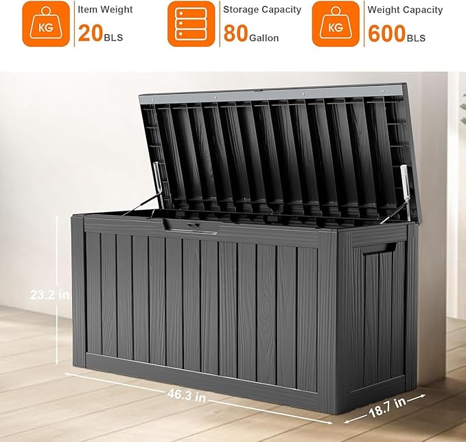 80 Gallon Resin Deck Box, Lockable Outdoor Storage Box for Patio Cushions Storage Furniture,Garden Tools, Pool Supplies, Weatherproof and UV Resistant- Black (80 Gallon)