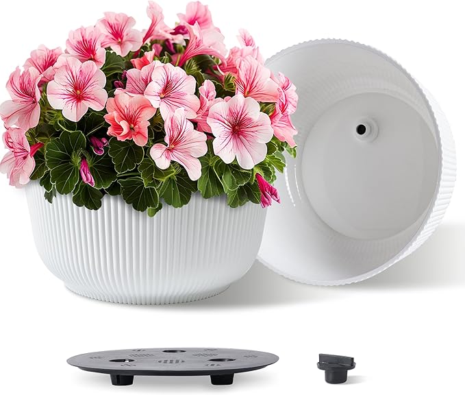 T4U 12 Inch Large Self Watering Plant Pots, Wide Self Watering Planter with Drainage Hole, Large Plant Pots Flower Pot for Plants, Set of 2, White