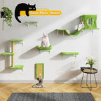 NUNU LAB Wall Mounted Cat Climber Set, 6 Pcs Cat Furniture Set with House, Bridge, Steps, Scratcher Board and Hammock, Shelves for Indoor, Luxury Walls Furniture, Light Green