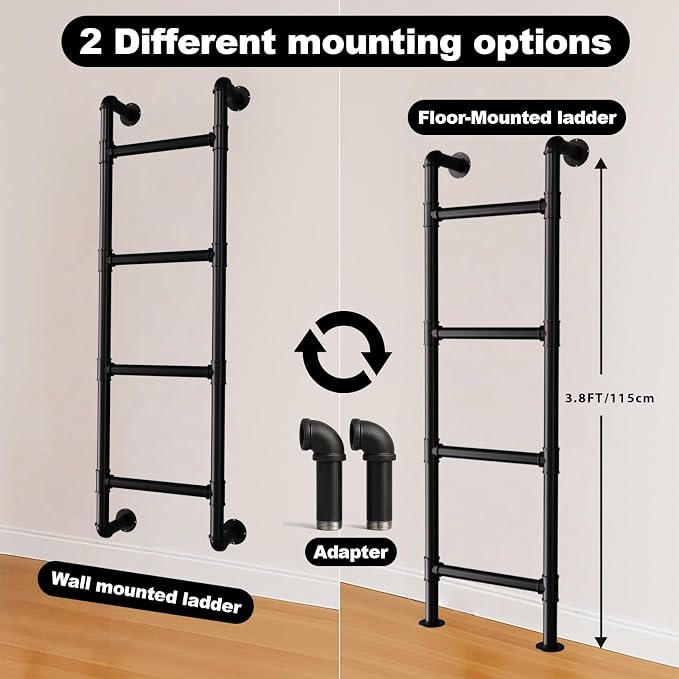 Black 4-Step Wall Mounted Steel Ladder, 4FT Egress Window Well Loft Ladder for Bedroom, Bunk Bed, Camper, Dorm – Wall/Floor-Mounted Indoor Climb Step for Small Space, Blanket Rack, Basement, Gym