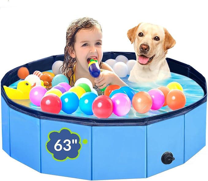 Dog Pool, Foldable Pet Swimming Pool with 6mm High-Strength PP Board, Hard Plastic Collapsible Doggy Pools for Small Dogs Kitty Duck, Non-Slip Doggie Bathtub Quick to Set Up and Drainage Hole, 63"