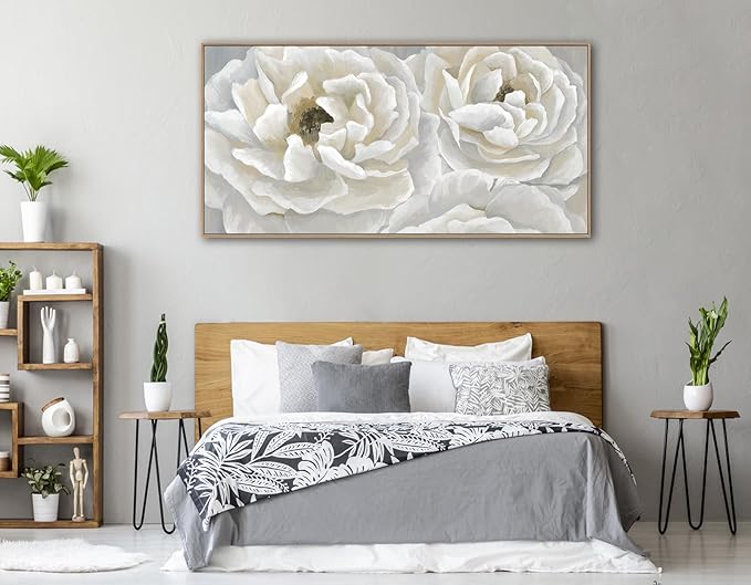 arteWOODS Cream White Flowers Framed Wall Art - Soft Peony Pictures for Wall Decor Elegant Blossom Flower Painting Artwork Botanical Prints for Living Room Home Office Wall Decoration 29" x 58"