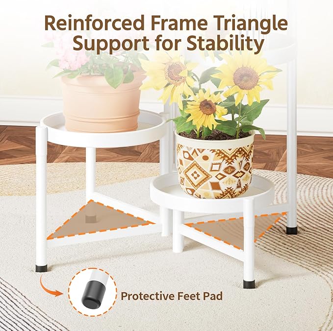 LASZOLA 5 Tiered Folding Plant Stand Indoor for Multiple Large Planter, Tall Heavy Duty Adjustable Rack with Rust Proof 10 Inch Wide Tray, Sturdy Vertical Tree Organizer for Narrow Inside Floor, White