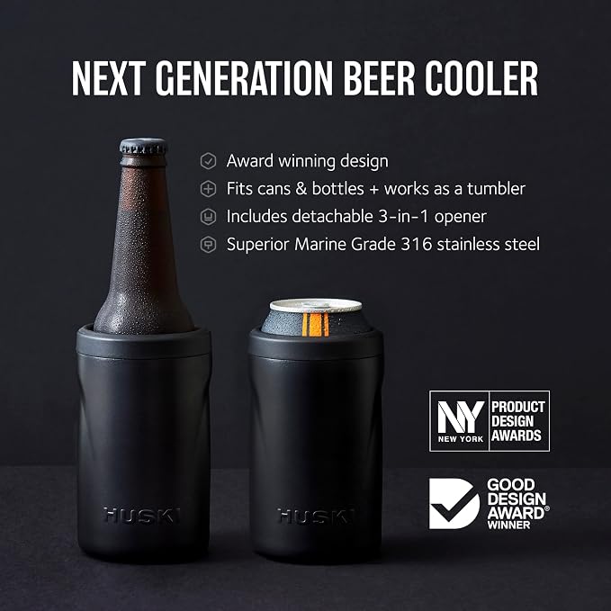 Huski Beer Cooler 2.0 | NEW | Premium Can and Bottle Holder | Triple Insulated Marine Grade Stainless Steel | Detachable 3-in-1 Opener | Works as a Tumbler | Best Gifts for Beer Lovers (Stainless)