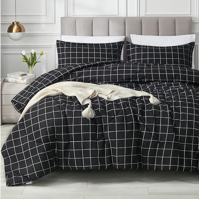 Andency Black Grid Comforter Set Queen Size (90x90 Inch), 3 Pieces(1 Grid Comforter and 2 Pillowcases), Summer Lightweight Microfiber Down Alternative Black Comforter with White Lines