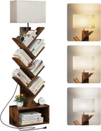 6 Tier Tree Bookshelf with Light, Small Bookcase Tower for Books/CDs/Movies, Sturdy Tall Floor Standing Book Organizer with Storage Cabinet for Living Room, Bedroom and Home Office