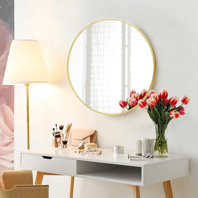 Fabuday Gold Circle Mirror for Bathroom - 24 Inch Golden Framed Round Mirror for Wall Decor, Living Room, Bedroom, Entryway Circular Mirrors