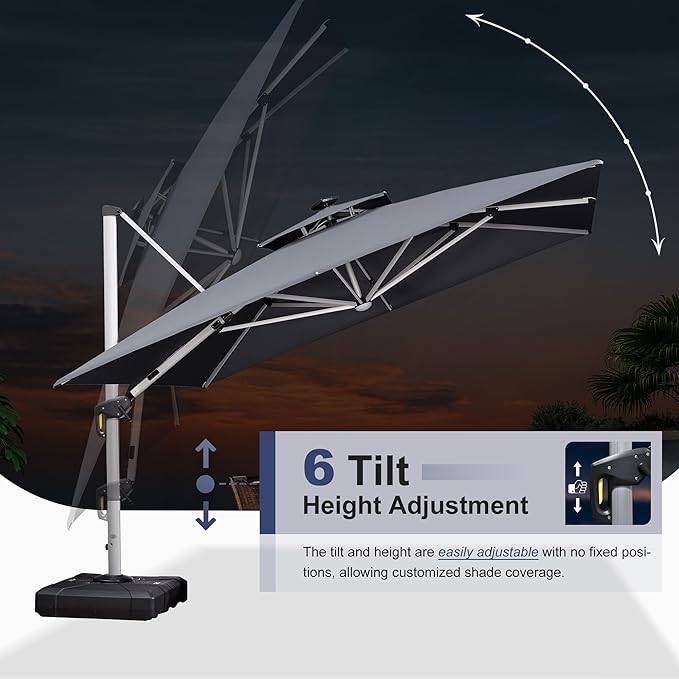 PURPLE LEAF 11 Feet Double Top Deluxe Solar Powered LED Square Patio Umbrella Offset Hanging Umbrella Outdoor Market Umbrella Garden Umbrella, Grey