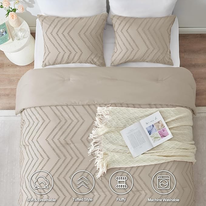CozyLux California King Size Comforter Set Beige - 3 Pieces Cal King Boho Tufted Shabby Chic Bedding Comforter Set for All Seasons, Chevron Bedding Sets with Comforter & 2 Pillow Shams