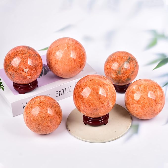 JIC Gem Big Sparkling Quartz Crystal Ball Sunstone Healing Crystal Gemstone Sphere with Decorative Wooden Stand for Meditation Gifts Decoration (80-90mm)